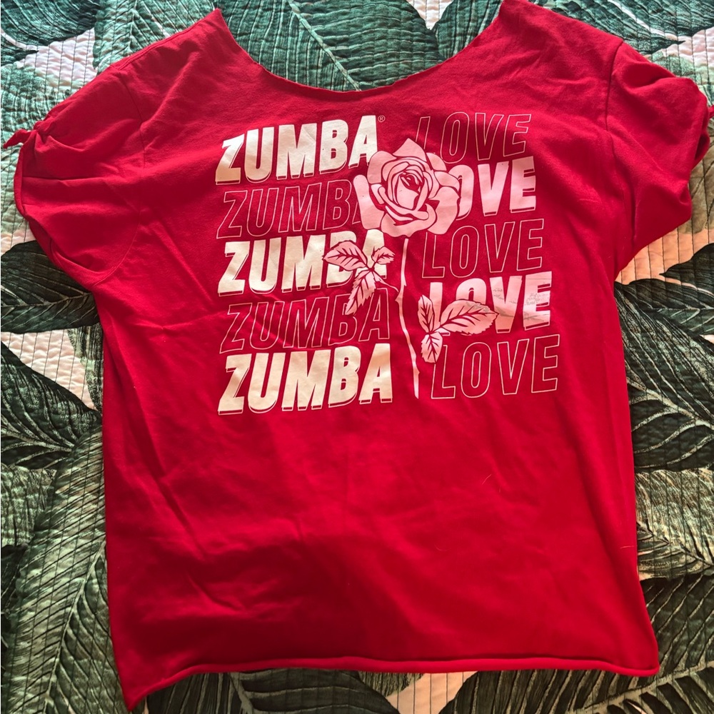 Zumba Fitness Red Graphic Tee with White Rose Print